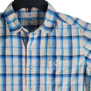 Kuhl Eluxur Shirt Mens S Blue Gray Plaid Button SS Breathable Stretch Gorpcore
